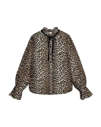 GANNI LEOPARD PRINT CHIFFON TIE STRING SHIRT