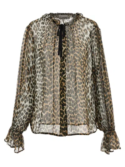 GANNI GANNI 'LEOPARD PRINT CHIFFON TIE STRING' SHIRT