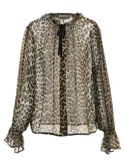 GANNI LEOPARD PRINT CHIFFON TIE STRING SHIRT