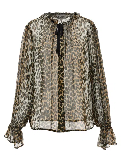 GANNI LEOPARD PRINT CHIFFON TIE STRING SHIRT