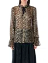 Ganni Ruffled Collar Sheer Animal Print Shirt
