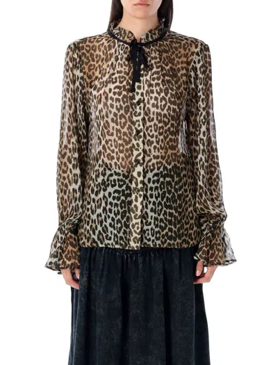 GANNI GANNI LEOPARD PRINT CHIFFON TIE STRING SHIRT