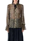 Ganni Ruffled Collar Sheer Animal Print Shirt