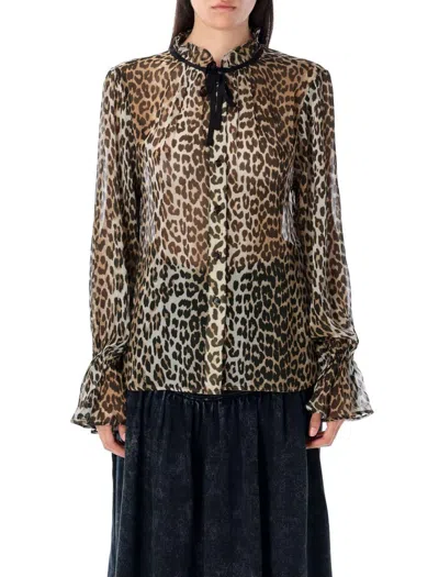 Ganni Ruffled Collar Sheer Animal Print Shirt