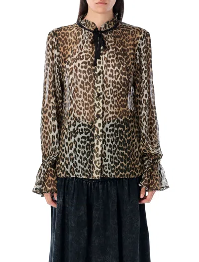 GANNI GANNI LEOPARD PRINT CHIFFON TIE STRING SHIRT
