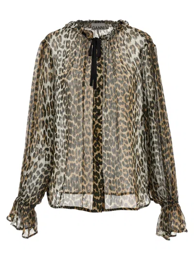 GANNI GANNI LEOPARD PRINT CHIFFON TIE STRING' SHIRT