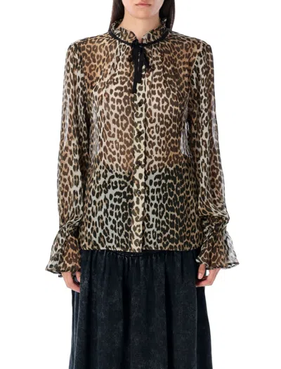 GANNI GANNI LEOPARD PRINT CHIFFON TIE STRING SHIRT