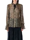 Ganni Leopard Print Chiffon Tie String Shirt In Brown