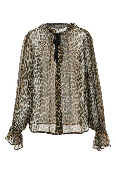 GANNI 'LEOPARD PRINT CHIFFON TIE STRING' SHIRT