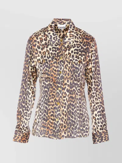 Ganni Leopard Print Collared Neck Long Sleeve Top In Brown
