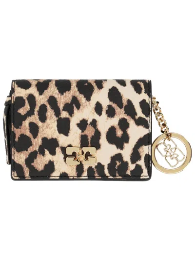 Ganni Leopard Print Compact Wallet With Charm In Brown