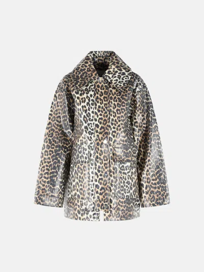 Ganni Leopard Print Cotton Blend Jacket In Gray