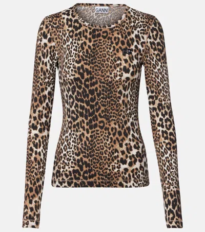 Ganni Leopard-print Cotton-blend Top In Multi