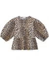 Ganni Multicolor Blouse With Front Tie Closure And All-over Leopard Motif In Cotton Woman