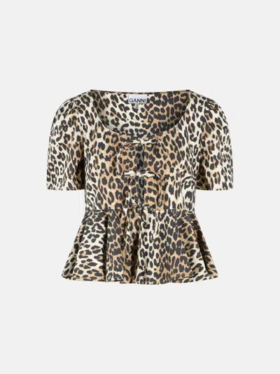Ganni Leopard Print Cotton Blouse In Multi