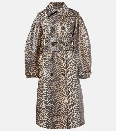 Ganni Leopard-print Cotton Canvas Trench Coat In Brown