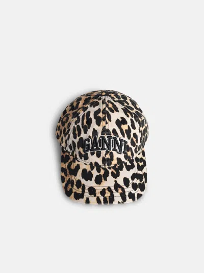 Ganni Leopard Print Cotton Cap In Brown