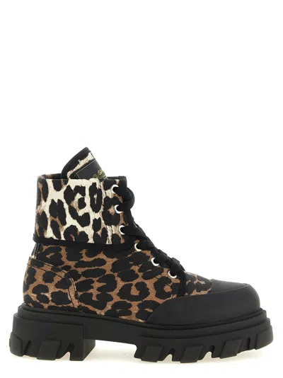 Ganni Leopard Print Cotton Denim Boot In Black