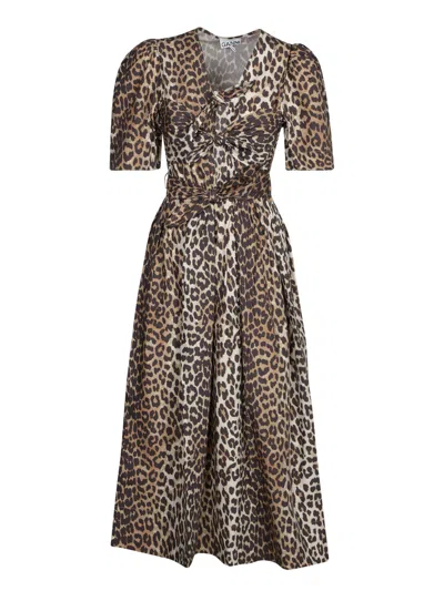 Ganni Leopard Print Cotton Midi Dress