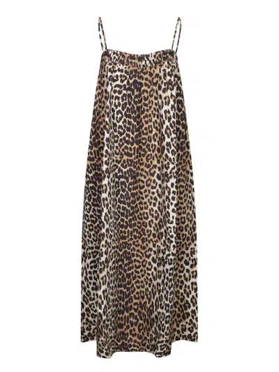Ganni Leopard Print Cotton Midi Dress In Multi