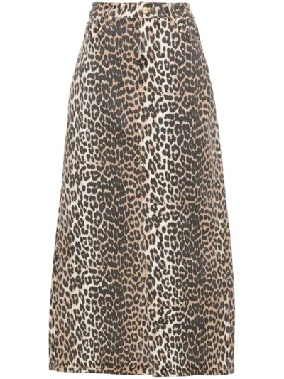 GANNI LEOPARD PRINT COTTON MIDI SKIRT