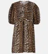 Ganni Printed Tie String Poplin Mini Dress In Braun