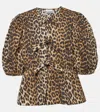Ganni Multicolor Blouse With Front Tie Closure And All-over Leopard Motif In Cotton Woman In Braun