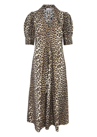 Ganni Animal Print Midi Dress In Leopard