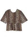 Ganni Multicolor Blouse With Front Tie Closure And All-over Leopard Motif In Cotton Woman In Leopard