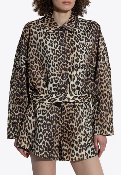 Ganni Leopard Print Cropped Jacket In Beige
