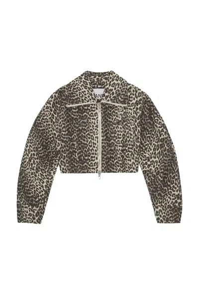 Ganni Leopard Print Cropped Jacket With Curved Sleeves In Animal Print