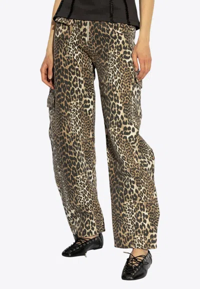 Ganni Leopard Print Curved-leg Pants In Brown