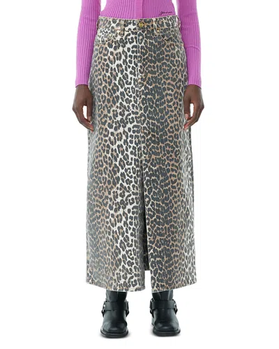 GANNI LEOPARD PRINT DENIM MAXI SKIRT