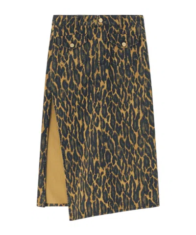Ganni Leopard Print Denim Midi Skirt In Brown