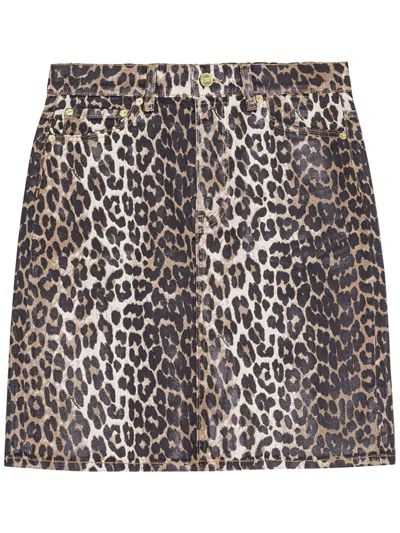 GANNI LEOPARD-PRINT DENIM MIDI SKIRT