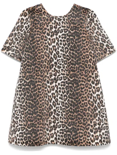 Ganni Leopard Print Denim Mini Dress For Women In Multicolour