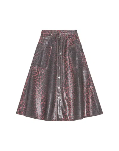 GANNI GANNI LEOPARD PRINT FOIL DENIM MIDI SKIRT