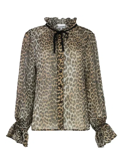Ganni Leopard-print Frill-cuff Blouse In Brown