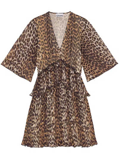 Ganni Almond Milk Pleated Georgette V-neck Flounce Mini Dress In Animal Print Recycled Polyester In Multi