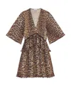 Ganni Almond Milk Pleated Georgette V-neck Flounce Mini Dress In Animal Print Recycled Polyester In Brown