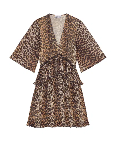 GANNI GANNI LEOPARD PRINTED PLEATED V-NECK MINI DRESS