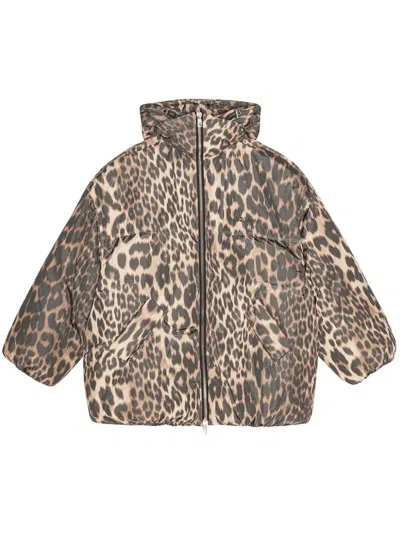 Ganni Leopard Print Hooded Puffer Jacket In Beige