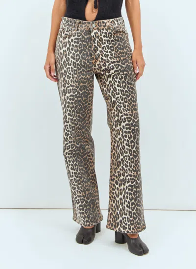 Ganni Wide-leg Animal Print High-rise Jeans With Belt Loops In Gray