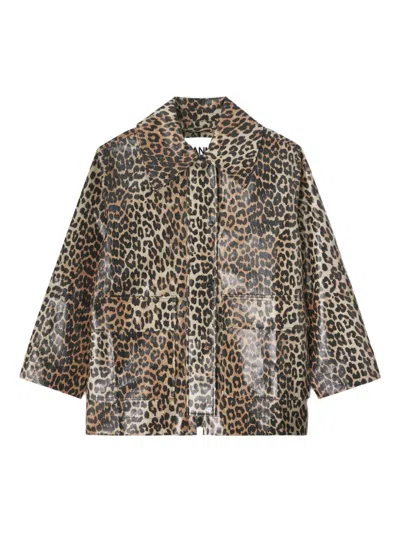 Ganni Womens Almond Milk Laminated Leopard-print Cotton-blend Jacket Xxs In Brown