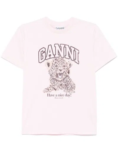 Ganni Crew Neck Graphic Print Relaxed Fit Tops In Pink
