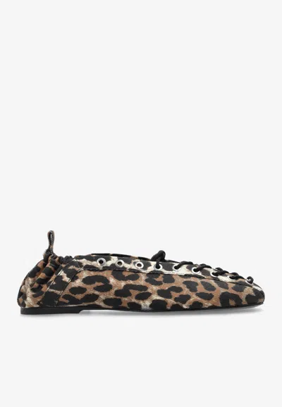 GANNI LEOPARD PRINT LACE-UP BALLET FLATS