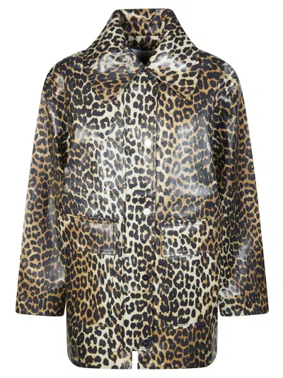 Ganni Leopard Print Laminated Jacket For Women In Animal Print