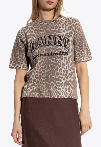 Ganni Leopard Print Logo Knit Top In Sand