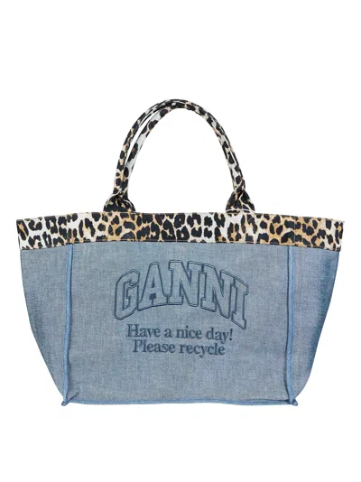 Ganni Leopard Print Logo Shopper Bag In Blu