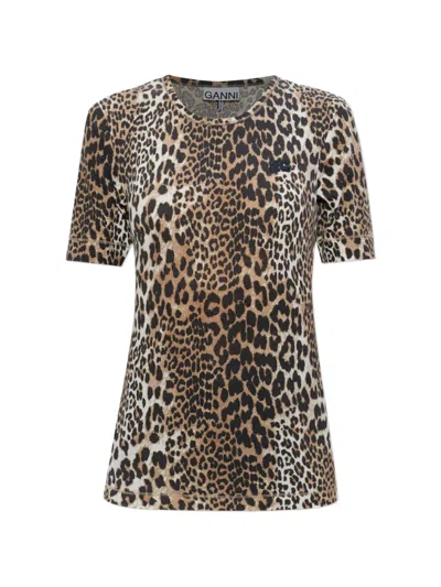 Ganni Leopard-print Logo T-shirt In Brown